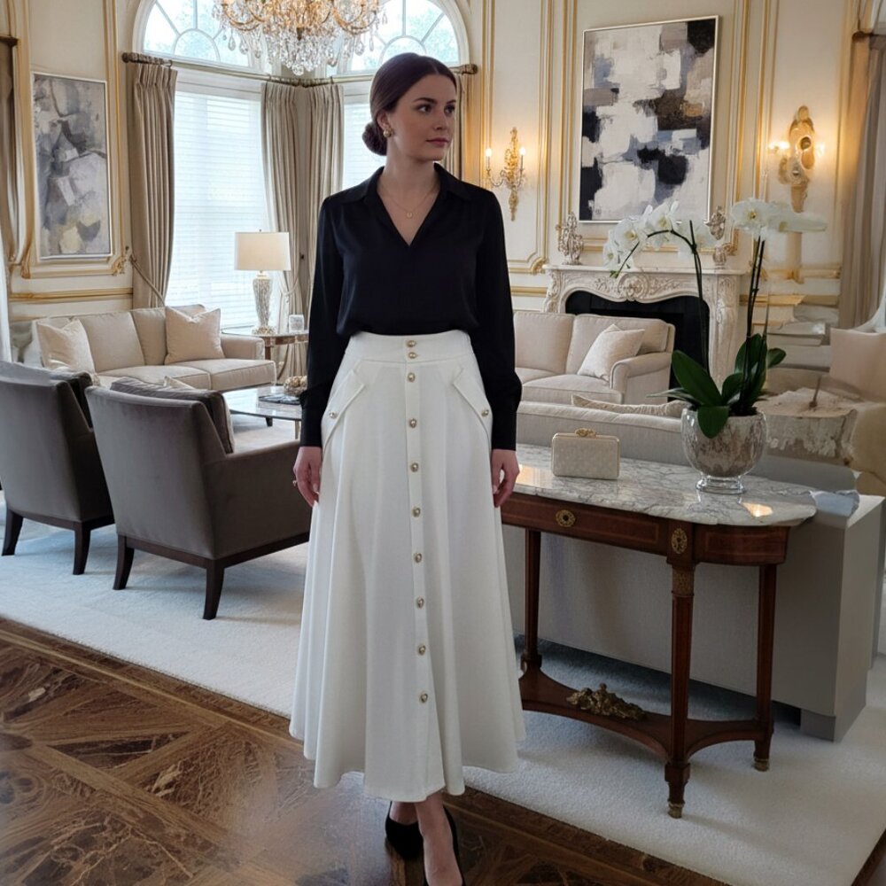 Beulah Style White High-Waisted Maxi Skirt with Gold Buttons – Size M